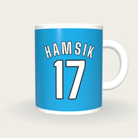 Personalised Cerulean and White Football Shirt Mug, front