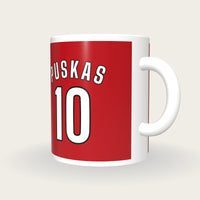 Personalised Cherry and White Football Shirt Mug, three-quarter view