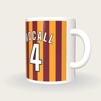 Personalised Claret and Amber Stripes Football Shirt Mug, three-quarter view