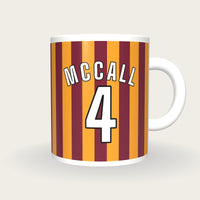 Personalised Claret and Amber Stripes Football Shirt Mug, front