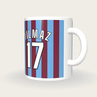 Personalised Claret and Sky Blue Stripes Football Shirt Mug, three-quarter view