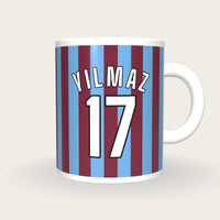 Personalised Claret and Sky Blue Stripes Football Shirt Mug, front