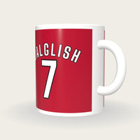 Personalised Crimson and White Football Shirt Mug, three-quarter view