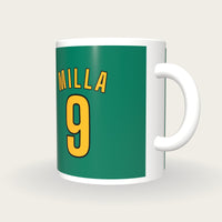 Personalised Green and Gold Football Shirt Mug, three-quarter view