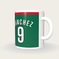 Personalised Green and Red Football Shirt Mug, three-quarter view