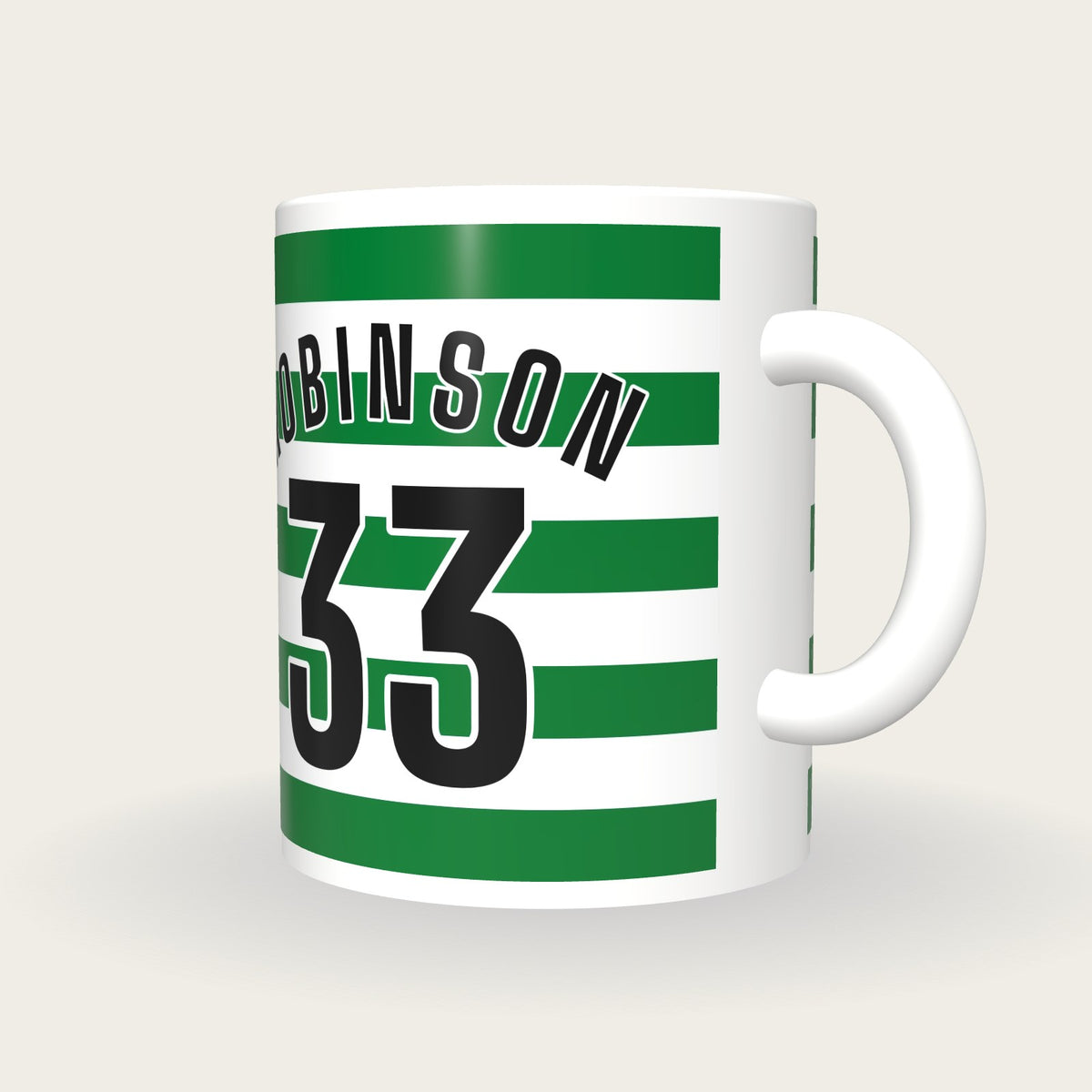 Personalised Green and White Hoops Football Shirt Mug, three-quarter view