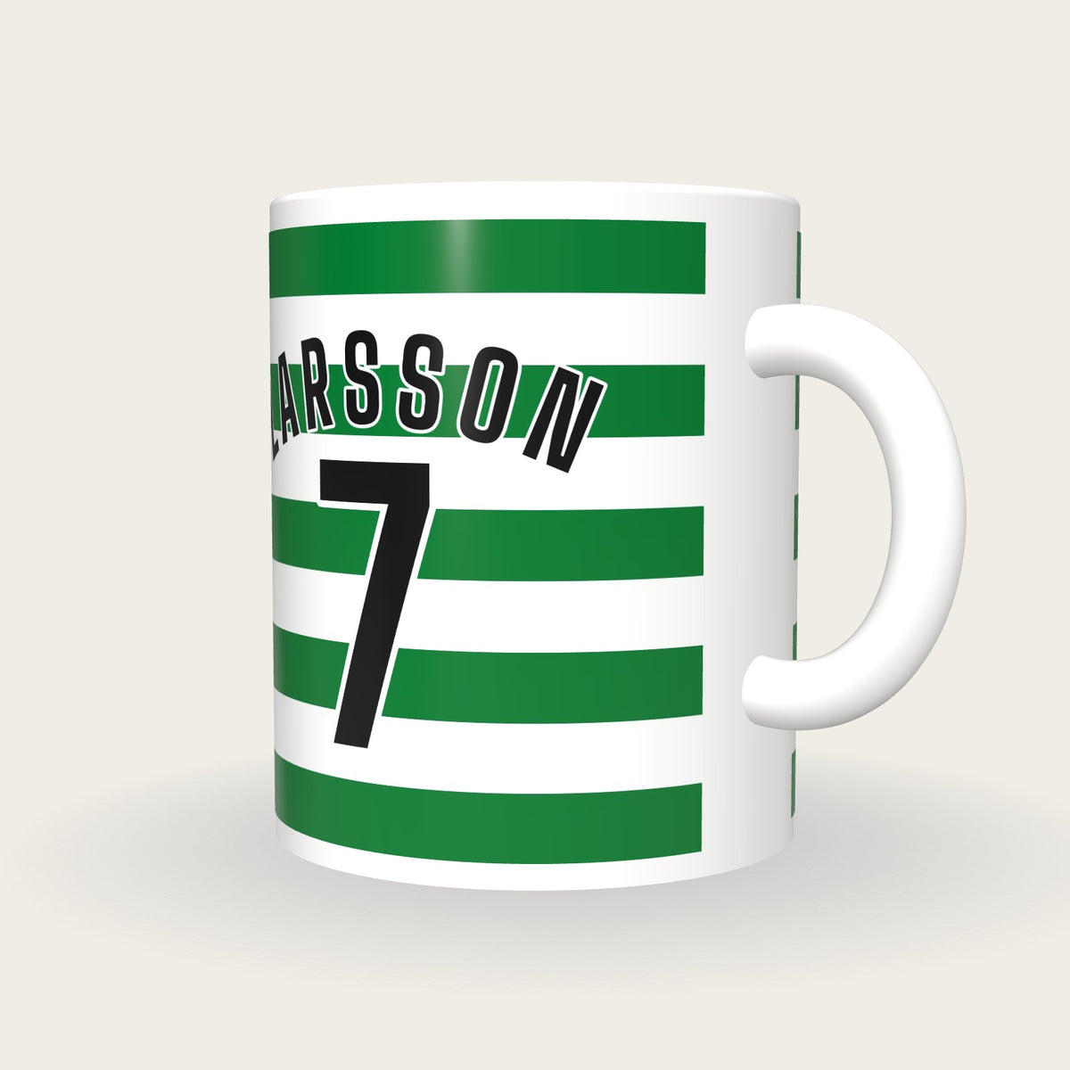 Personalised Green and White Hoops Football Shirt Mug, three-quarter view