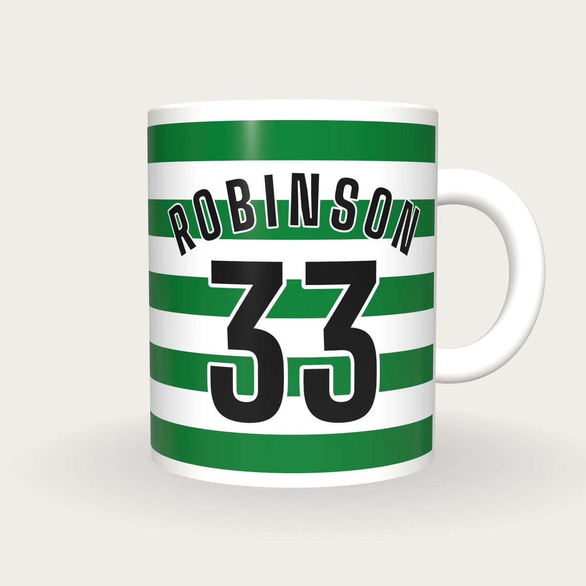 Personalised Green and White Hoops Football Shirt Mug, front