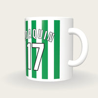 Personalised Green and White Stripes Football Shirt Mug, three-quarter view