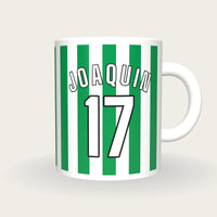 Personalised Green and White Stripes Football Shirt Mug, front