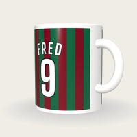 Personalised Maroon and Green Stripes Football Shirt Mug, three-quarter view