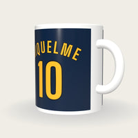 Personalised Navy and Gold Football Shirt Mug, three-quarter view