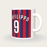 Personalised Navy and Red Stripes Football Shirt Mug, three-quarter view