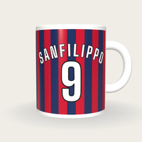Personalised Navy and Red Stripes Football Shirt Mug, front