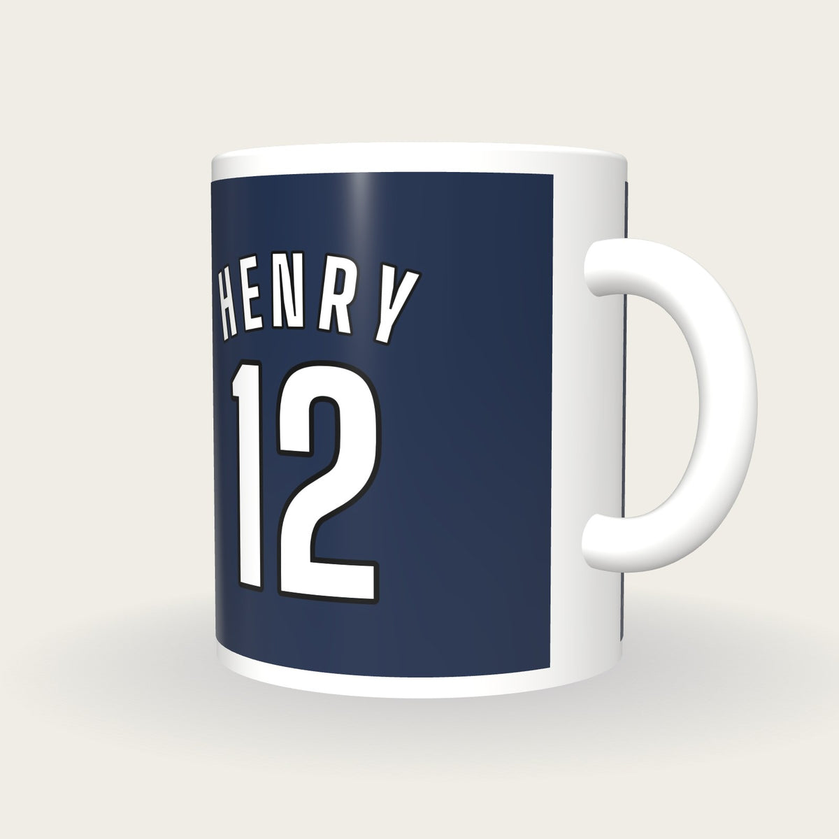 Personalised Navy and White Football Shirt Mug, three-quarter view
