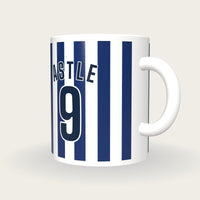 Personalised Navy and White Stripes Football Shirt Mug, three-quarter view