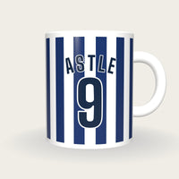 Personalised Navy and White Stripes Football Shirt Mug, front
