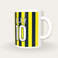 Personalised Navy and Yellow Stripes Football Shirt Mug, three-quarter view