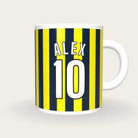 Personalised Navy and Yellow Stripes Football Shirt Mug, front
