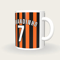 Personalised Orange and Black Stripes Football Shirt Mug, three-quarter view