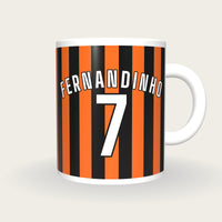 Personalised Orange and Black Stripes Football Shirt Mug, front