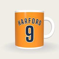 Personalised Orange and Navy Football Shirt Mug, front