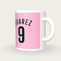 Personalised Pink and Black Football Shirt Mug, three-quarter view