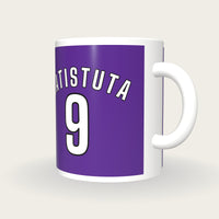 Personalised Purple and White Football Shirt Mug, three-quarter view