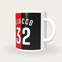 Personalised Red and Black Halves Football Shirt Mug, three-quarter view