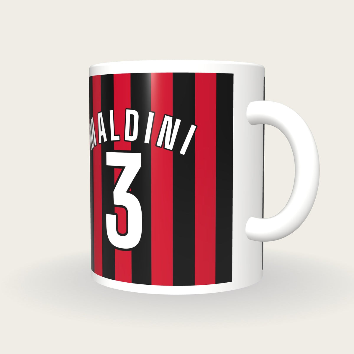 Personalised Red and Black Stripes Football Shirt Mug, three-quarter view
