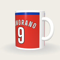 Personalised Red and Blue Football Shirt Mug, three-quarter view