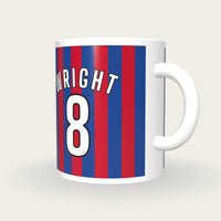 Personalised Red and Blue Stripes Football Shirt Mug, three-quarter view