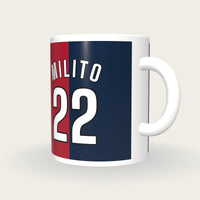 Personalised Red and Navy Halves Football Shirt Mug, three-quarter view