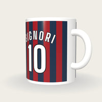 Personalised Red and Navy Stripes Football Shirt Mug, three-quarter view