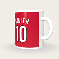 Personalised Red and White Football Shirt Mug, three-quarter view