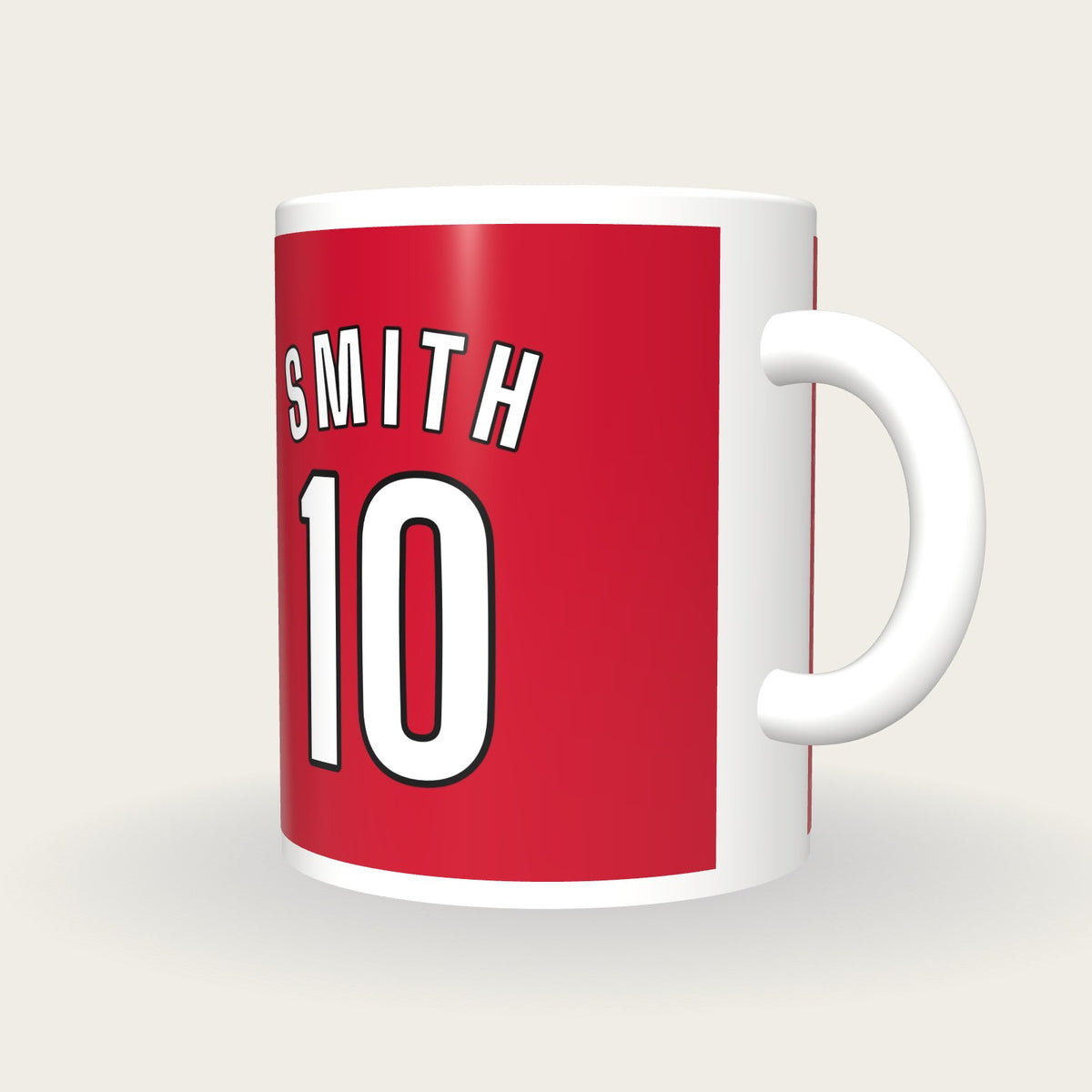 Personalised Red and White Football Shirt Mug, three-quarter view
