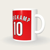 Personalised Red with White Sleeves Football Shirt Mug, three-quarter view