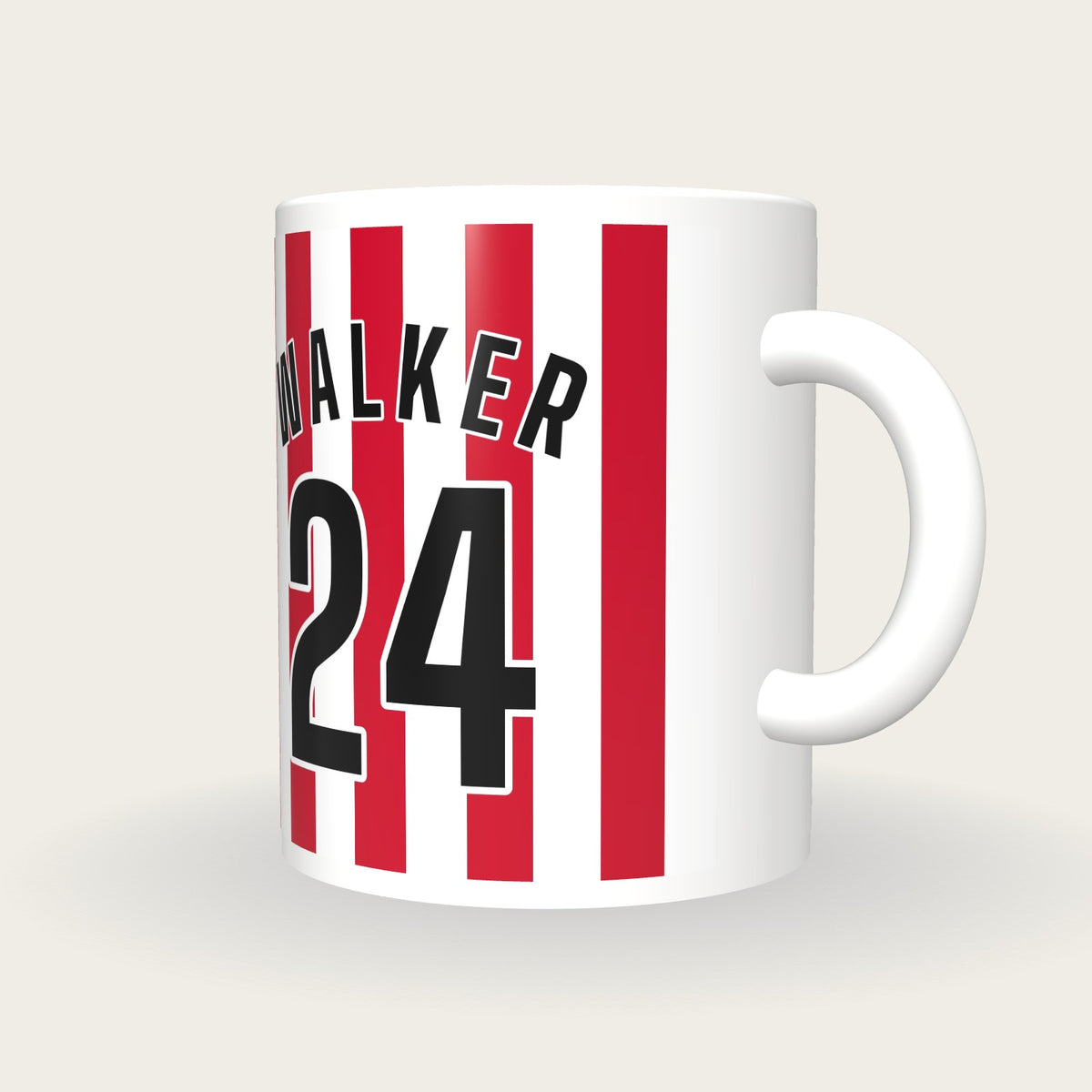 Personalised Red and White Stripes Football Shirt Mug, three-quarter view