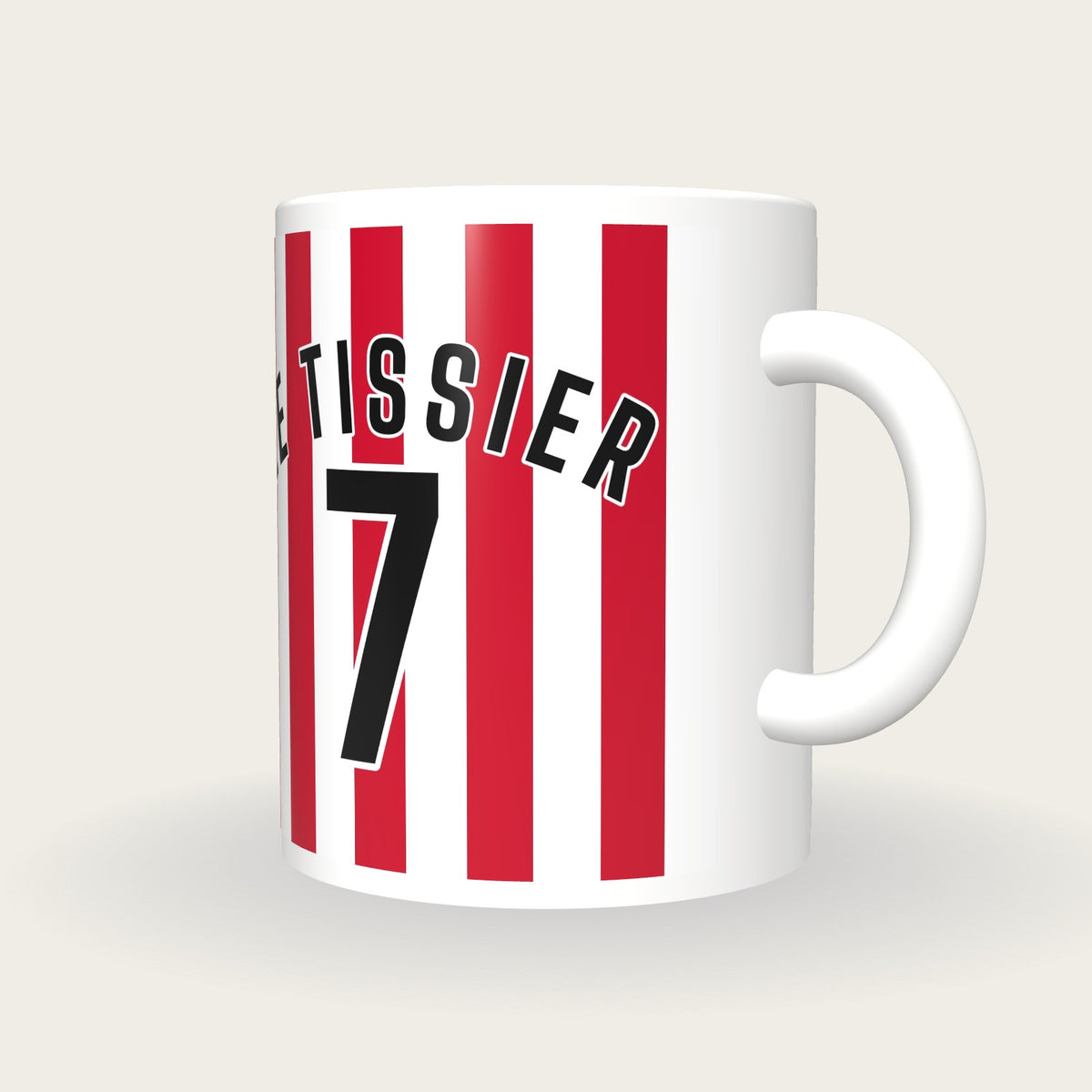 Personalised Red and White Stripes Football Shirt Mug, three-quarter view