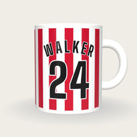 Personalised Red and White Stripes Football Shirt Mug, front