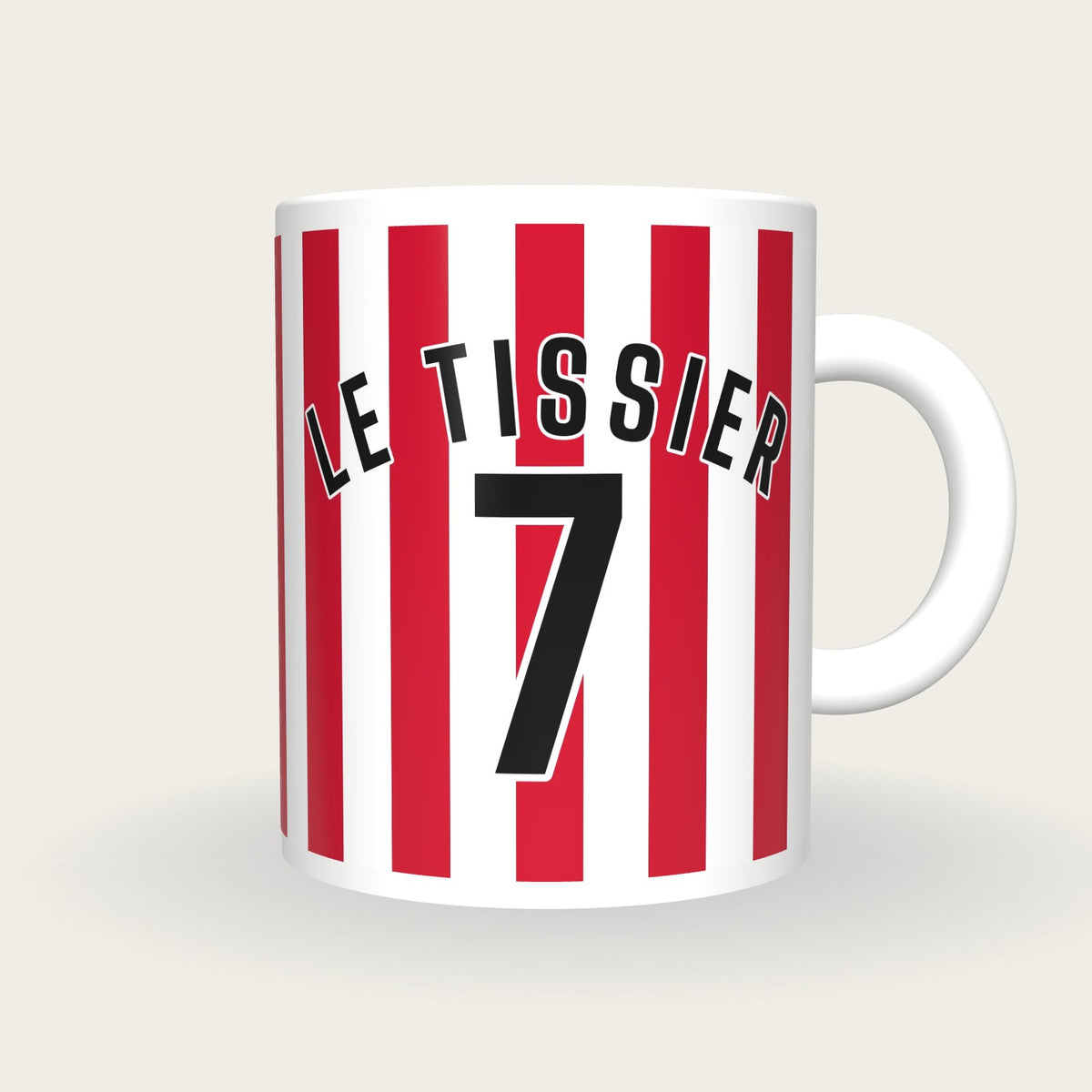 Personalised Red and White Stripes Football Shirt Mug, front