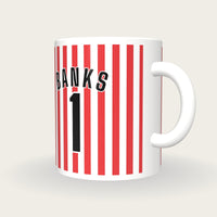 Personalised Red and White Thin Stripes Football Shirt Mug, three-quarter view