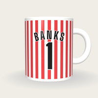 Personalised Red and White Thin Stripes Football Shirt Mug, front