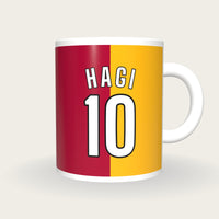 Personalised Red and Yellow Halves Football Shirt Mug, front