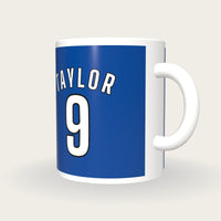 Personalised Royal Blue and White Football Shirt Mug, three-quarter view
