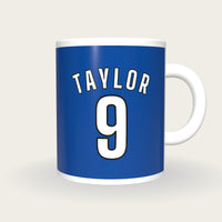 Personalised Royal Blue and White Football Shirt Mug, front
