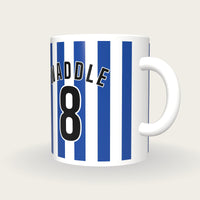 Personalised Royal Blue and White Stripes Football Shirt Mug, three-quarter view