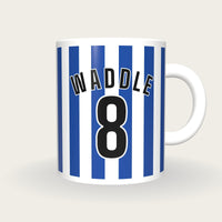 Personalised Royal Blue and White Stripes Football Shirt Mug, front