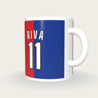 Personalised Scarlet and Blue Halves Football Shirt Mug, three-quarter view