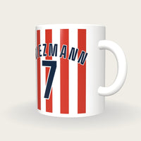 Personalised Scarlet and White Stripes Football Shirt Mug, three-quarter view